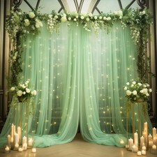10x8ft Tulle Backdrop Curtain with Lights String 2 Panels 5 8FT Olive Green