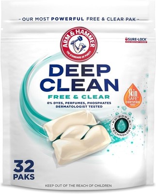 ARM & HAMMER Deep Clean Free & Clear Laundry Detergent Power Paks, 32 Count.