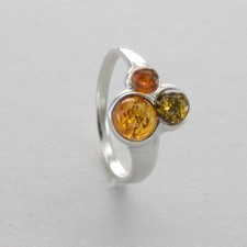 Triple Round Multi-Color BALTIC AMBER Ring - 925 STERLING SILVER - Poland 38e