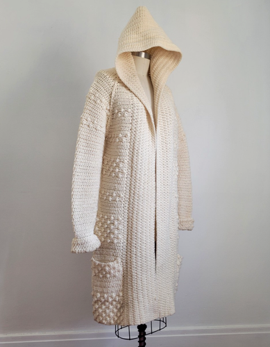 VTG HAND KNIT WOOL NUBBY TEXTURE POPCORN STITCH LONG CARDIGAN w/ ATTACHED HOOD