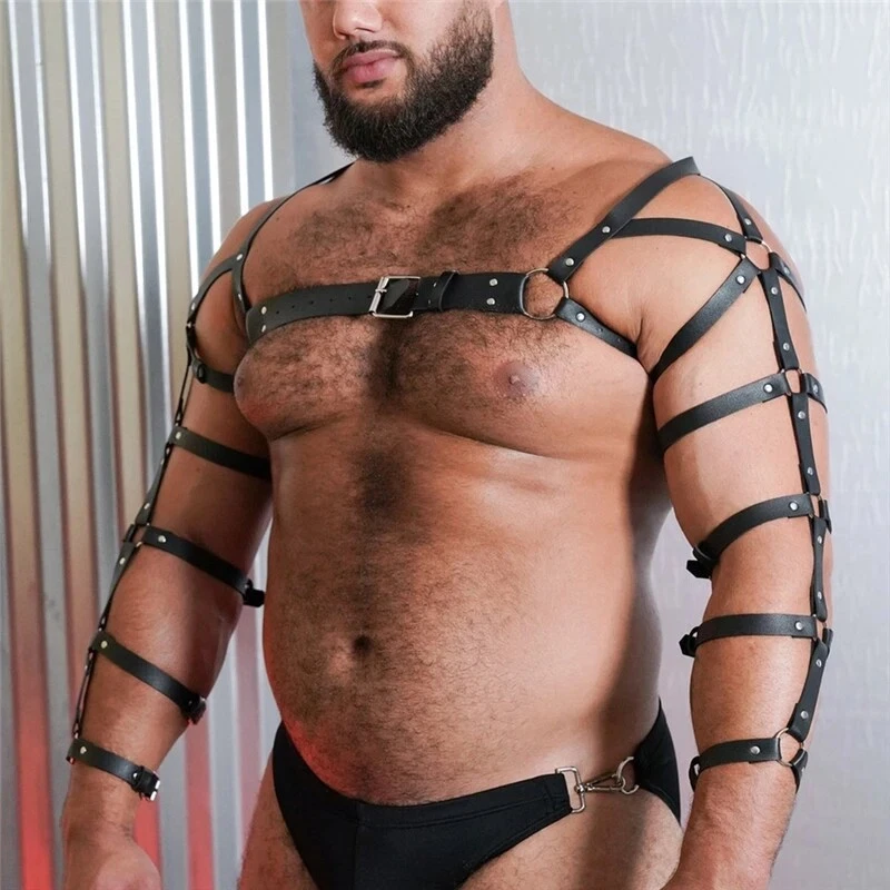 800px x 800px - Men Arm Chest Bondage Suspender Gay BDSM Leather Harness Garter Belts Porn  Strap | eBay