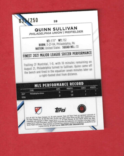 Topps Finest MLS 2022 Major League Soccer Purple 59 Quinn Sullivan RC 033/250 - Imagen 2 de 3