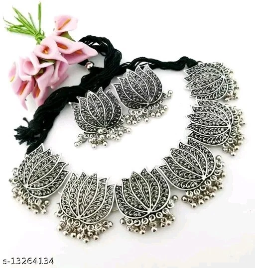 VETEMENTS Gioielli Indiani Argento Ossidato Girocollo Collana Orecchini Afghani Bollywood Set