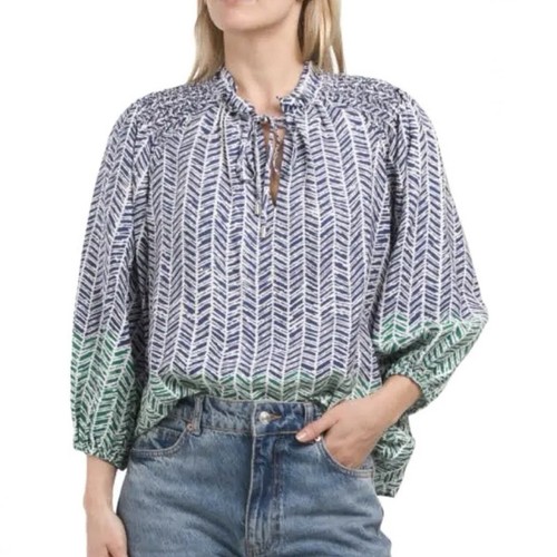 NWT Shoshanna Milani Green Blue Printed Tie-Neck Puff Sleeve Blouse Top XS