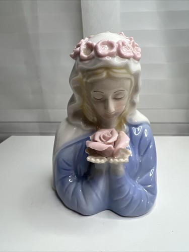 Vintage Delicate Madonna Bust Figurine Virgin Mary Applied Flowers Porcelain