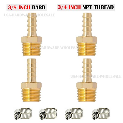 (4 Pack) 3/8" Hose Barb X 3/4" MALE NPT Brass Pipe Fitting NPT Thread + Clamps