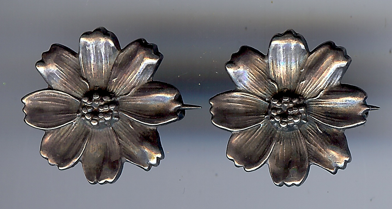 UNGER BROTHERS ANTIQUE ART NOUVEAU STERLING SILVER PAIR OF FLOWER PIN ...
