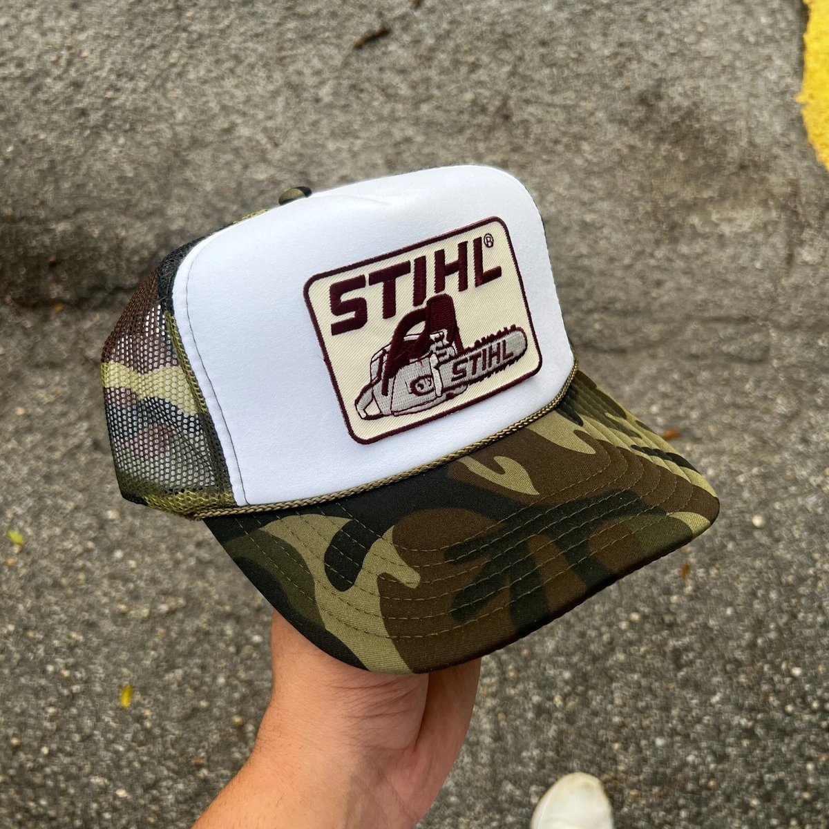 NEW STIHL WHITE GREEN CAMO HAT 5 PANEL HIGH CROWN TRUCKER SNAPBACK