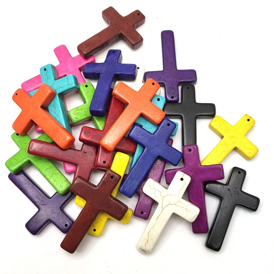 Collar Colgante Cruz Howlita Turquesa Decoración Cruz 2.25" Azul Blanco Naranja Foto 3 de 4