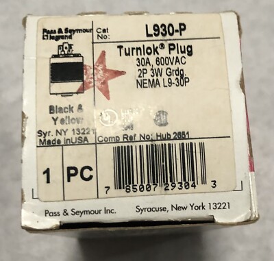 NEW - Pass & Seymour L930P Twist Lock 30A 600VAC Plug