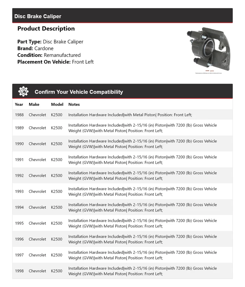 Pinza de freno de disco delantera izquierda cardone 1989 1990 para Chevrolet K2500 1988-1998 Foto 2 de 4
