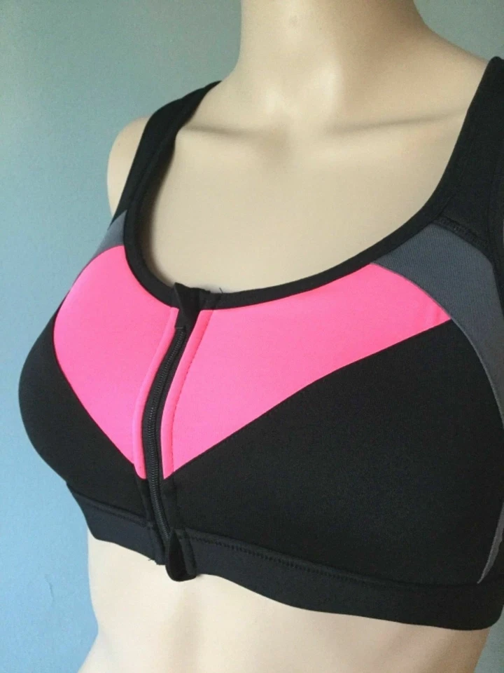 Women's Bra Zip Front Sports Athletic Yoga Gym Black Pink Gray Size M Sleeveless - Image 3 of 4