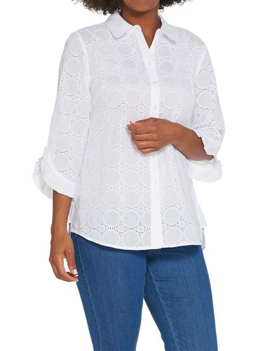 ISAAC MIZRAHI LIVE! Size 6 Eyelet Ruffle Sleeve Blouse WHITE