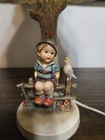 M I Hummel Table Lamp Boy Sitting On Fence Bird Original Shade Tested! — photo 3
