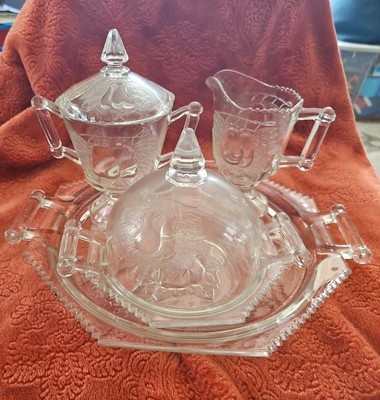 VTG Jeanette Glass Baltimore Pear Clear Platter Creamer Sugar w/ Lid Butter Dome