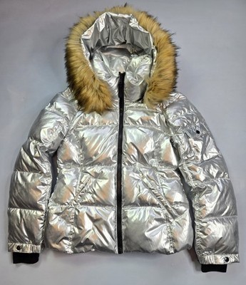 S13 NEW YORK METALLIC KYLIE WOMEN'S FAUX FUR HOODED PUFFER DOWN JACKET SIZE M