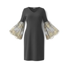MSK Womens Black Gold Embroidered Sequin Bell Sleeve V-Neck Shift Dress Medium