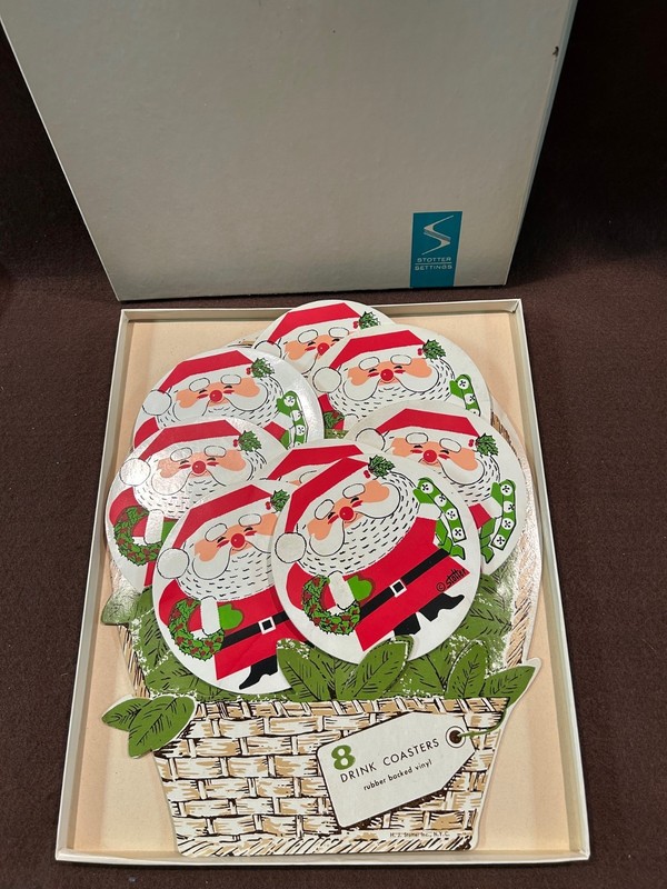Vintage Stotter Christmas Rubber Backed Drink Coasters With Basket Set of 8 w/Bx
