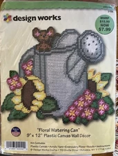 Design Works Plastic Canvas #3106 Floral Watering Can Kit Wall Decor 9X12” New