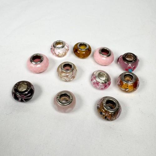 Lot Of 11 Murano Style Glass Bead Charms & Others Marked 925, Unbranded, pink
