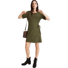 Madewell Women's Olive Green Crosshatch Puff Sleeve Faux Wrap Mini Dress Medium