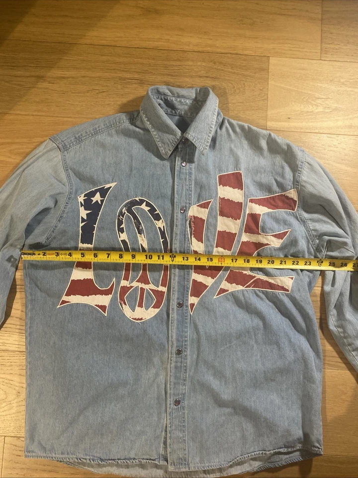 Camisa Hippie De Colección Denim Talla 1 Peace & Love Bandera de Estados Unidos Floral A Presión Envejecida Foto 4 de 4