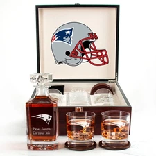 New England Patriots Engraved Football Whiskey Decanter and 4 Glasses In Woodbox