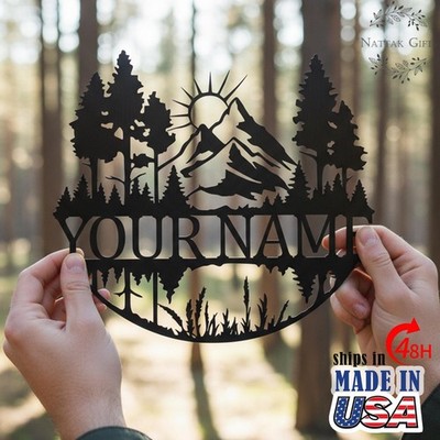 Custom Mountain Forest Metal Wall Sign with Name Pine Trees Sun Decor