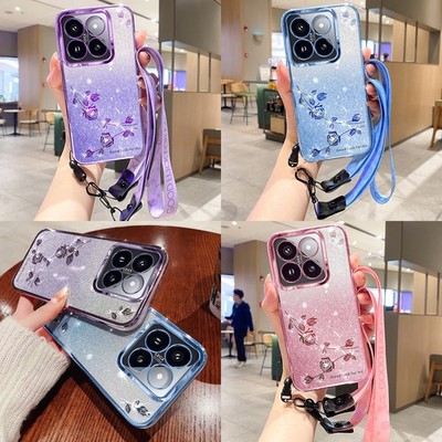 Bling Glitzer Rose Motiv Schutz Taschen Etui Handyhülle Mit Handykette Tragegurt