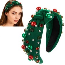 Christmas Knotted Headband for Women Girls Xmas Bow with Red Green Pearl
