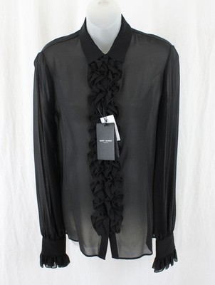 Saint Laurent NWT Women's Black Silk Button Down Ruffle Sheer Top 38 US 6