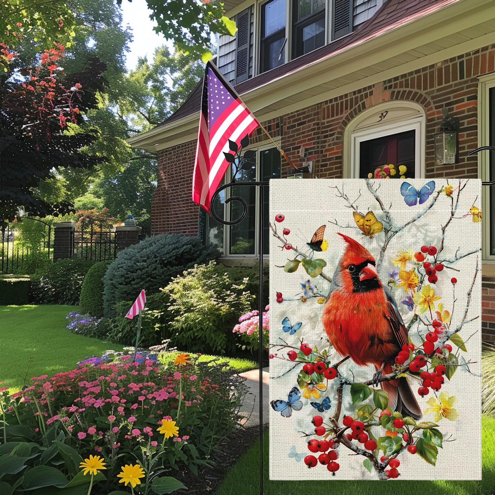 Cardinal Garden Flag for Outside Red Bird Butterfly Flowers Yard Flag 12x18 I...
