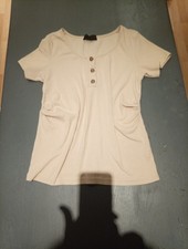 Women T-shirt UK 10 Creme Beige Short Sleeve Round Neck Cotton Top Casual Basic