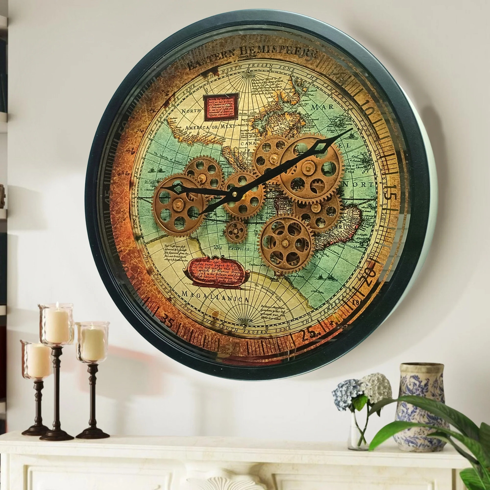 The Gears Clock PORTUGAL LINE WALL CLOCK ROUND 18 INCH "COIMBRA" BLACK-ANTIQUE