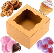 100 Pcs 4x4x2.5" Brown Bakery Boxes Window Mini Cake Pastry Boxes