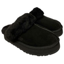 UGG Disquette Black Suede Platform Sheepskin Slippers Womens 9