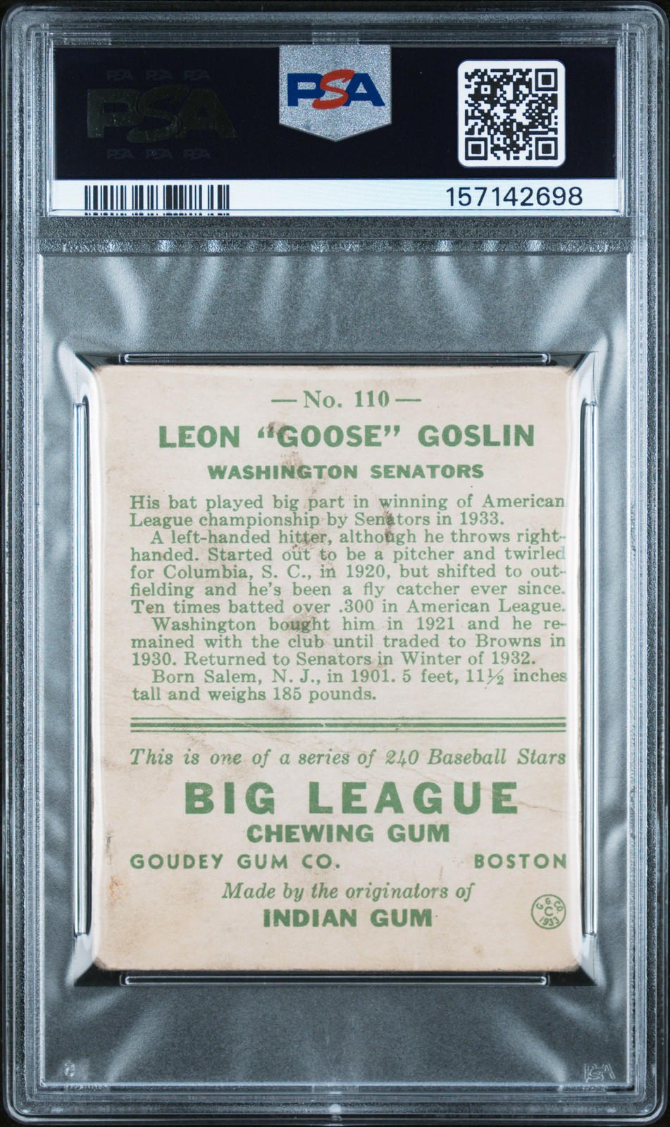 1933 GOUDEY #110 GOOSE GOSLIN PSA 1 view 2