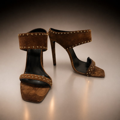 New YSL Saint Laurent Mica Brown Suede Studded Ankle Strap Sandal Heels SZ-40