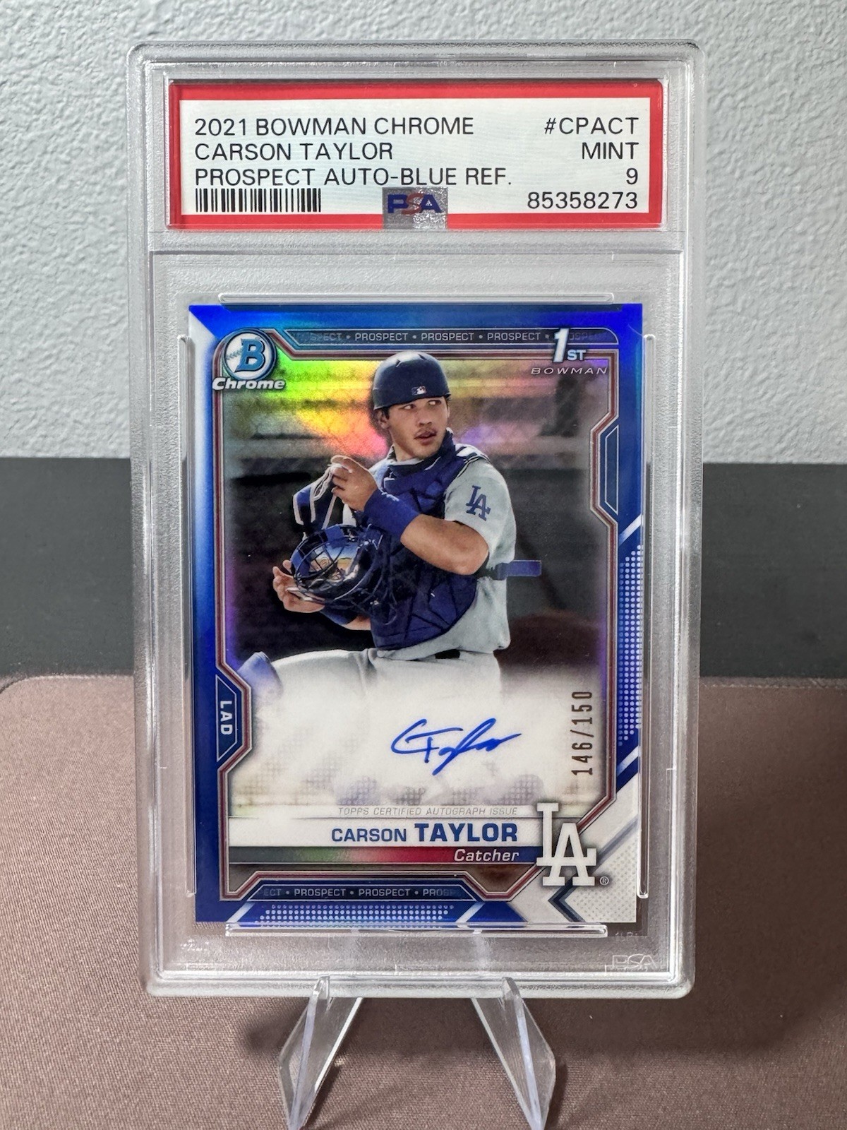 2021 Bowman Chrome Carson Taylor 1st Bowman Blue Refractor Auto #/150 PSA 9 view 1