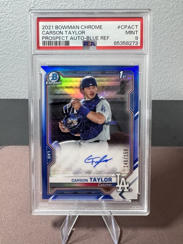 2021 Bowman Chrome Carson Taylor 1st Bowman Blue Refractor Auto #/150 PSA 9