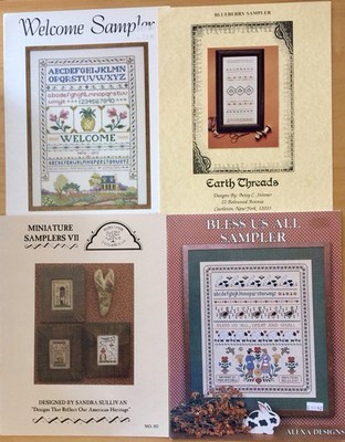 Cross Stitch Sampler Patterns Lot of 4 Blueberry Welcome Bless Us All Miniature