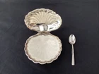 Vintage Silver Plated Clam Shell Caviar / Butter Dish with Milk Glass Insert