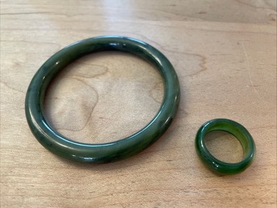 Vintage Spinach Green Translucent Jade Jadeite Bangle Bracelet & Ring 1970s