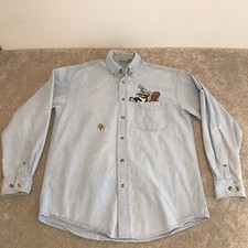 Vtg Looney Tunes Denim Shirt Mens Medium Embroidered 1994 Acme Falling Tweety