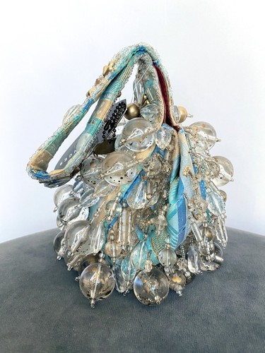 NWT! NEW! MARY FRANCES Beaded Beads 6"x13" Blue Clear Bag Purse Fabric Handbag - Picture 8 of 16