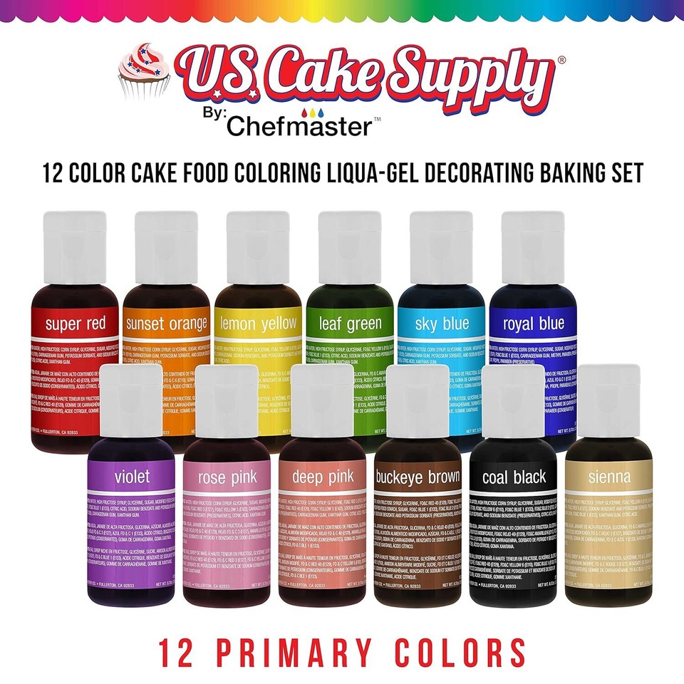 U.S. Cake Supply 12 Color Food Coloring Yellow,Orange,Blue,Green,Violet
