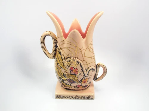 MCM 1955 Hull Pottery Blossom Flite Pink Basket Weave 10 3/4" Rope Handled Vase
