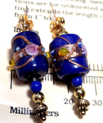 One-of-a-Kind-Dangle Italian Murano Cobalt Blue/Wedding Cake Bead POST Earrings