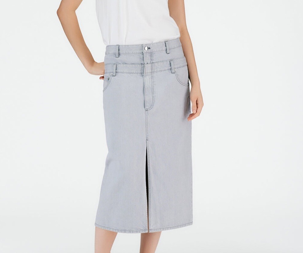 NWT Tibi Grey Denim Double Waisted Denim Skirt Mid Length Women's