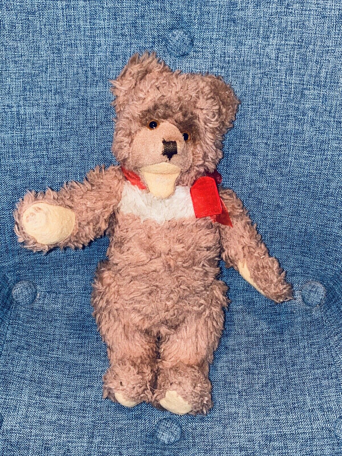 10” STEIFF VINTAGE TEDDY BEAR ANTIQUE DOLL GERMANY RED BOW REALL